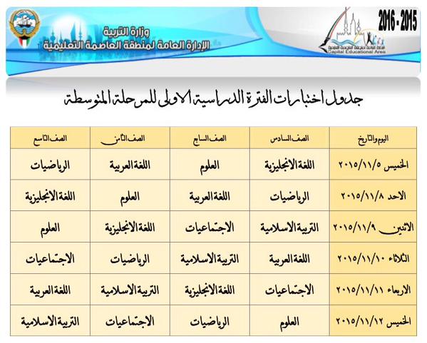 جدول اختبارات الفترة الأولي للمرحلة المتوسطة 2016 المنهاج الكويتي